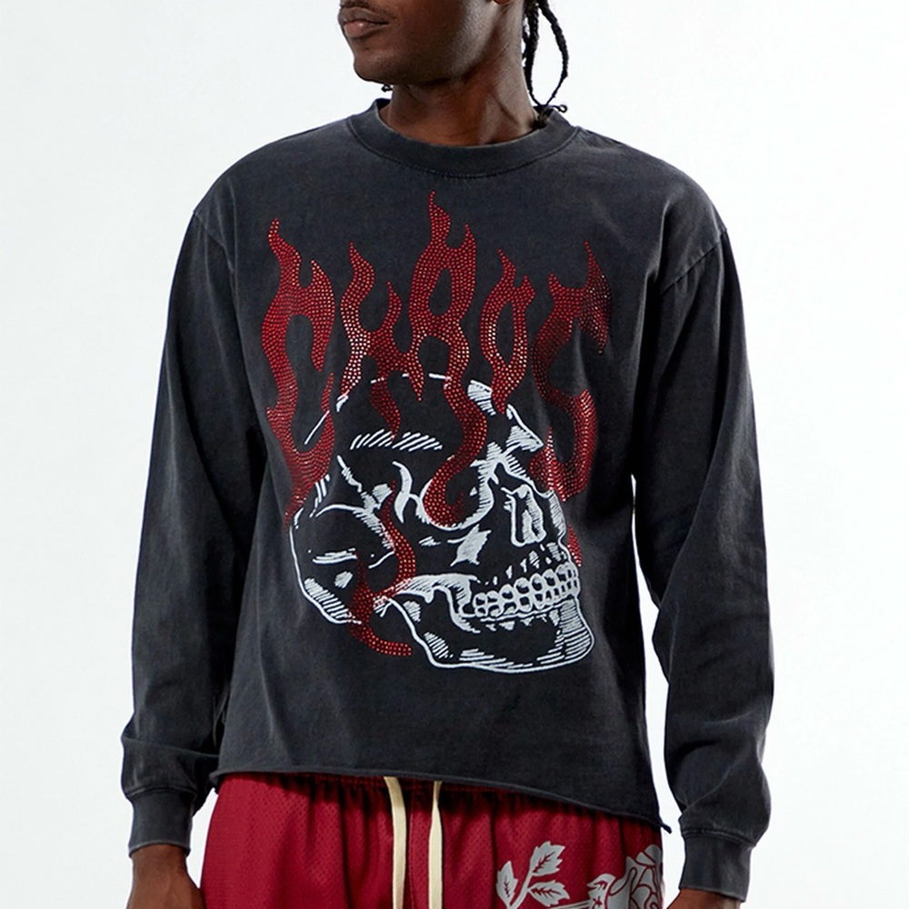 Pacsun Chaos Cropped Long Sleeve T-Shirt Men’s Large Rhinestone Fire Skull